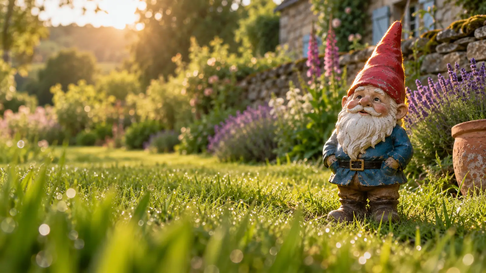 Nain de jardin au bonnet rouge dans une pelouse au soleil couchant